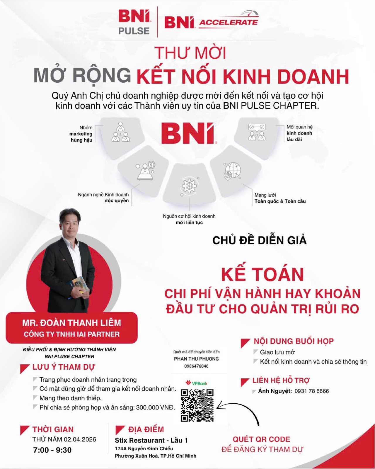 Thư mời sự kiện BNI Pulse Chapter - Diễn giả Mr. Đoàn Thanh Liêm, IAI Partner với chủ đề Kế Toán: Chi Phí 運営 Hay Khoản Đầu Tư Cho 経営 Rủi Ro