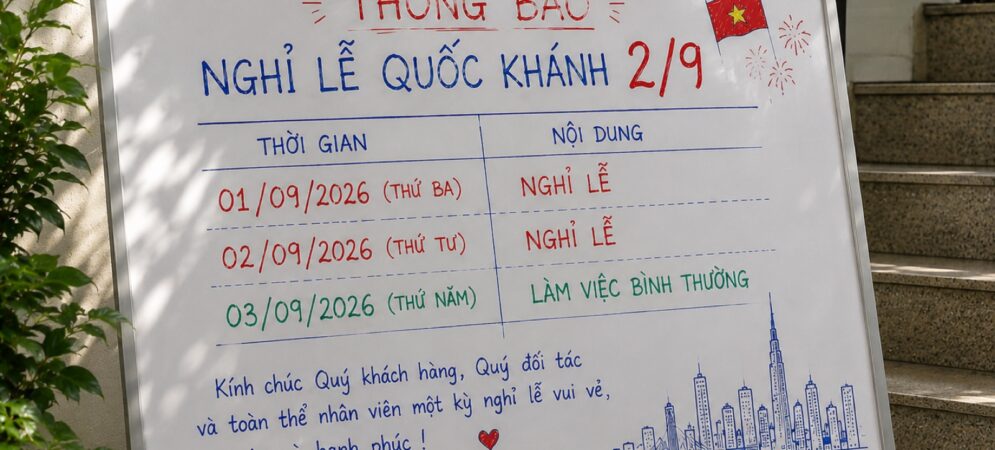 Bảng thông báo nghỉ lễ Quốc khánh 2/9/2026 của IAI Partner: nghỉ 01/09 and 02/09, đi làm 03/09