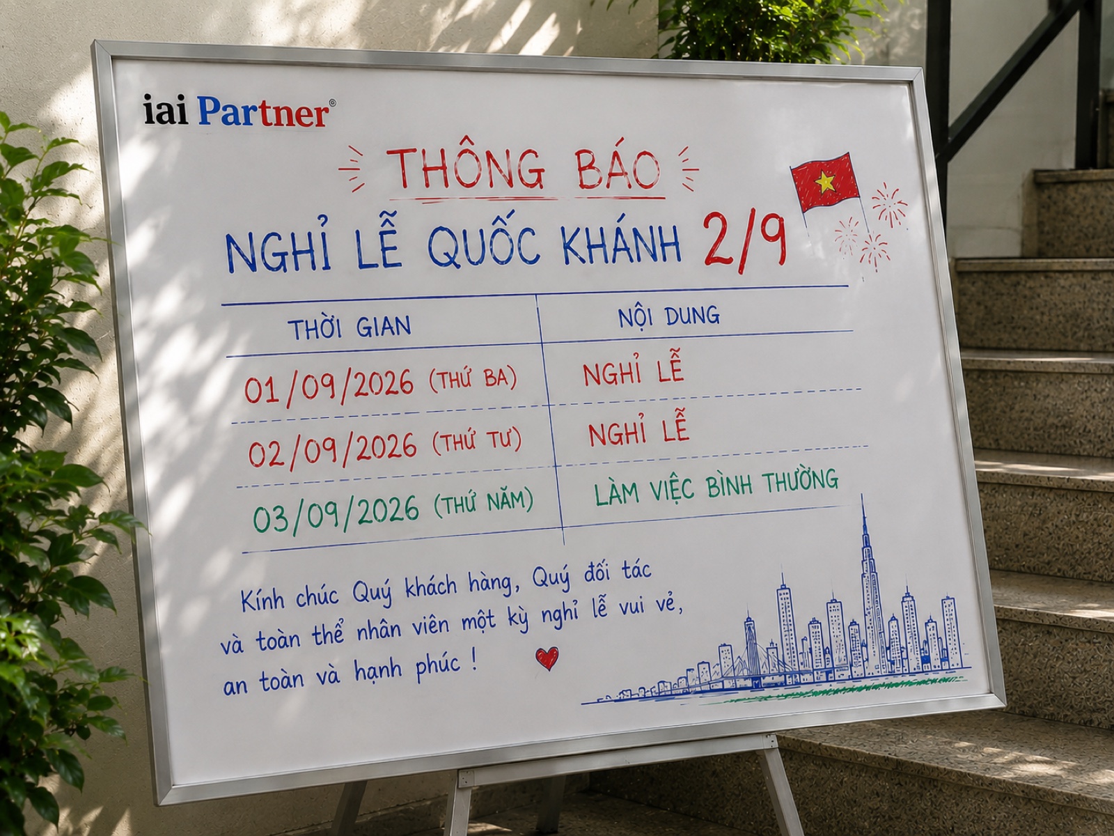Bảng thông báo nghỉ lễ Quốc khánh 2/9/2026 của IAI Partner: nghỉ 01/09 and 02/09, đi làm 03/09