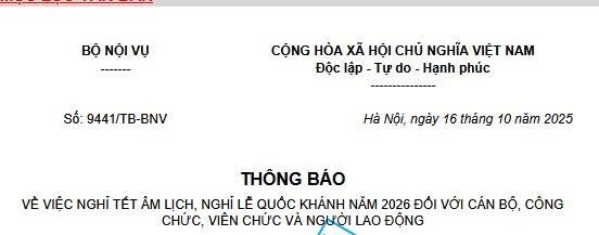 Thông báo số 9441/TB-BNV của Bộ Nội vụ về nghỉ lễ Quốc khánh 2026